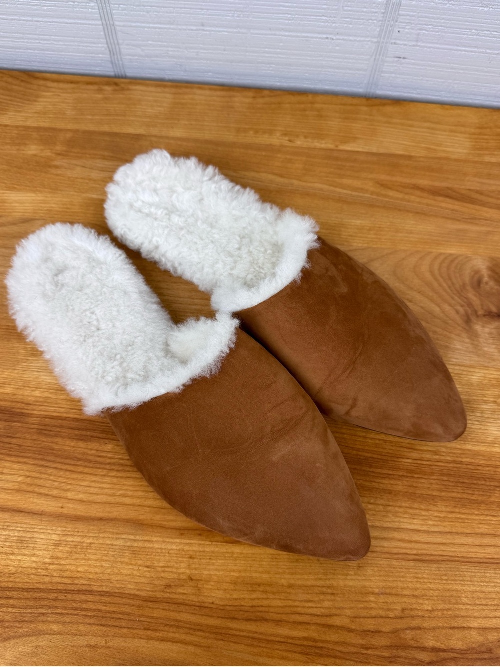 Jenni Kayne Laurel Shearling Lined Mules Walnut Suede Pointed Toe Slip On 38 - Picture 2 of 5